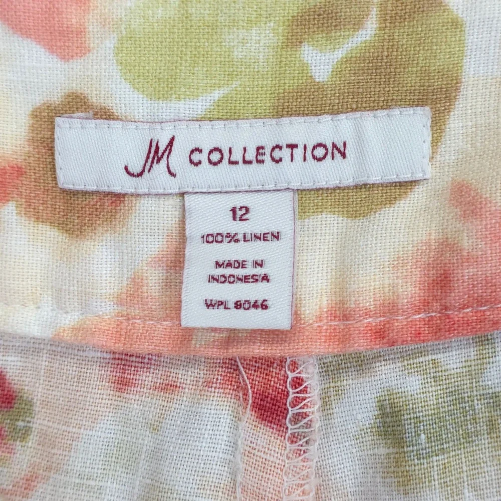 Watercolor Floral Linen Skirt Peach Coral Boho Flowy Midi Women 12 JM Collection